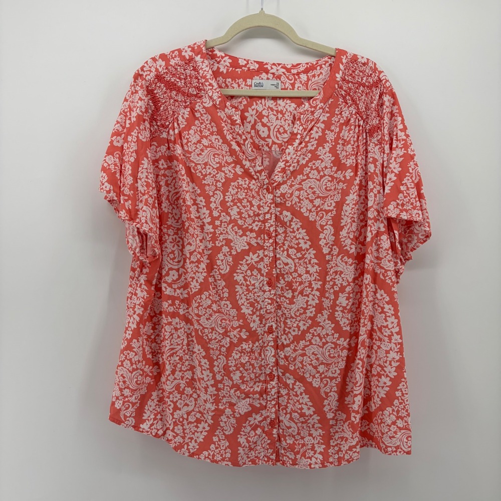 Croft & Barrow Womens 1X Coral Floral Paisley Button Front Smocked Blouse Top